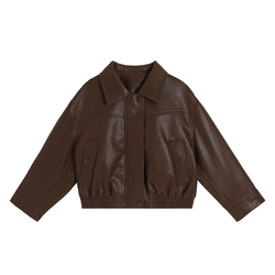 Momo's Girl's Leather Jacket Spring And Autumn 2023 Autumn New Style Baby Top Autumn Style Coffee Color