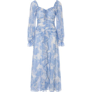 
Since then blue floral waist dress fairy style long sleeve skirt holiday ruffle long skirt women spring