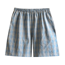 Summer Men's Pure Cotton Elastic Waist Home Shorts Japanese Plaid Thin Casual Pajama Pants Pockets Can Be Worn Large Size