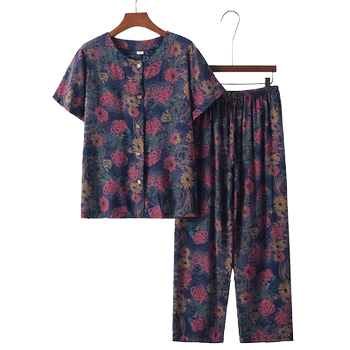 Cotton silk two-piece summer short-sleeved shirt for middle-aged and elderly people