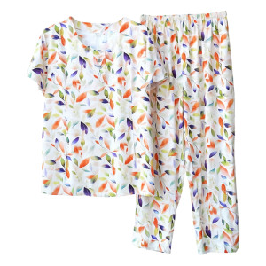 Cotton and silk pajamas female summer thin short sleeve mid -pants mothers can wear two -piece cotton silk, two -piece middle -aged and elderly home service
