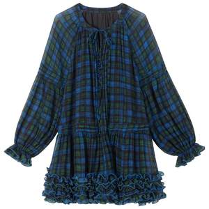 
KEIKO light French style blue plaid dress 26 spring retro lantern sleeve fungus lace loose a-line skirt