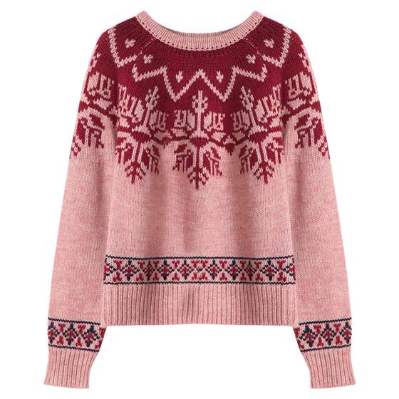 
Rare probability Christmas atmosphere pink Fair Isle lazy style autumn and winter loose pullover thickened wool sweater for women