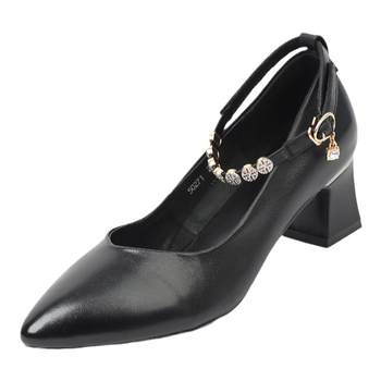 Genuine leather 41-43 autumn pointed toe medium heel large size women's shoes