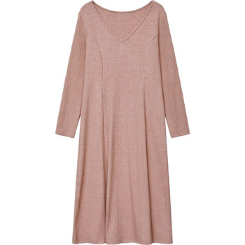 
DM100 large size 100% women's clothing slightly fat mm autumn versatile waist-hugging slim V-neck long-sleeved base dress