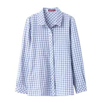 Loose long sleeve plaid cotton top mom shirt