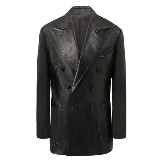 
[Retro wash water color rub technology] CULTUM Italian double row six button one-piece leather jacket men