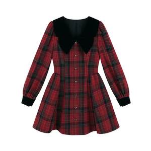 College style doll collar red plaid dress for women in winter French style small fragrance style waist-tightening A-line skirt
