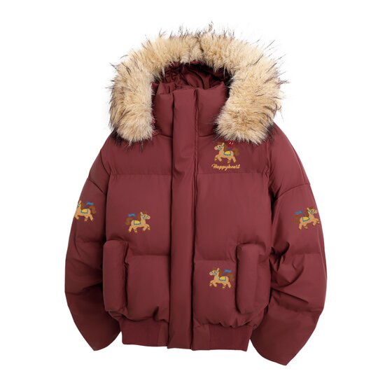 
Charles Love Heart Red Year of the Horse Fur Collar Cotton Clothes Men's Hooded Winter New Trendy Brand Couple Bread Cotton Clothes