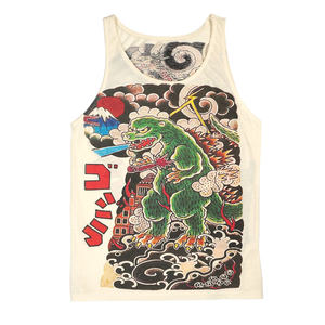 Self -speaking of pure cotton Coses printed retro vests Summer loose male Japanese tide brand camisole rice white
