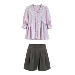 
Maternity suit summer thin 2026 new Korean style pregnancy wear light pink purple shirt shorts two-piece set for women