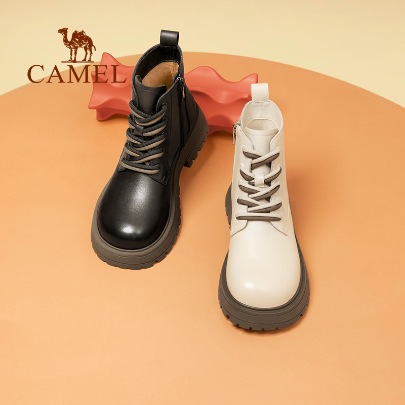 CAMEL 骆驼 女鞋2024春秋新款厚底真皮马丁靴女加绒短靴增高白色靴子女