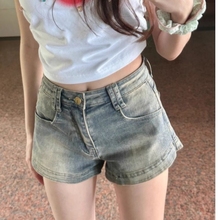 Large size chubby MM high waisted tight fitting spicy girl denim shorts, women's summer thin style, small stature, slimming A-line wrapped buttocks hot pants