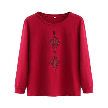 
Mom Spring and Autumn Large Size 200Jin [Jin equals 0.5kg] Embroidered Long Sleeve T-shirt for Women