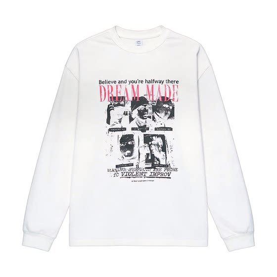 
Dream made American vintage character print long-sleeved T-shirt men's spring and autumn washed heavy base shirt
