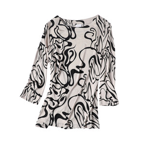 Printed knitted silk tops with a quarter-sleeved spring and summer mulberry silk mid-sleeved slim t-shirt base shirt for women
