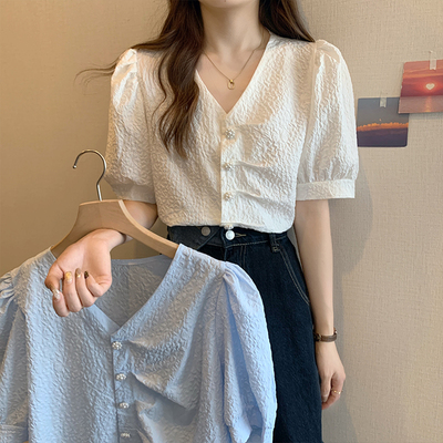 taobao agent Sexy top, french style, V-neckline, for plus size ladies, puff sleeves