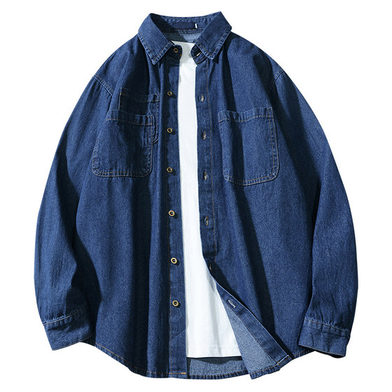 Spring Hong Kong style retro denim shirt men's trendy brand loose casual work shirt jacket multiple pockets clothes