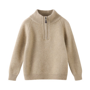 
100% pure wool sweater for boys in winter thickened pullover zipper stand collar sweater with plug-in sleeves for children to keep warm inside