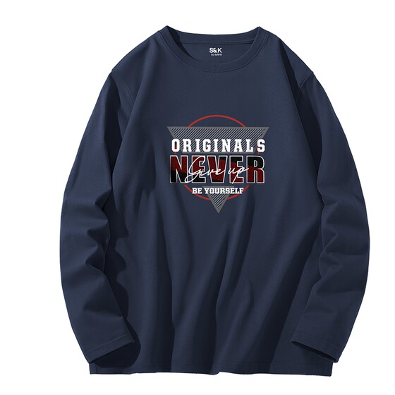 
Baleno S/K American trendy long-sleeved T-shirt for men spring and autumn pure cotton letter print round neck bottoming shirt for boys A