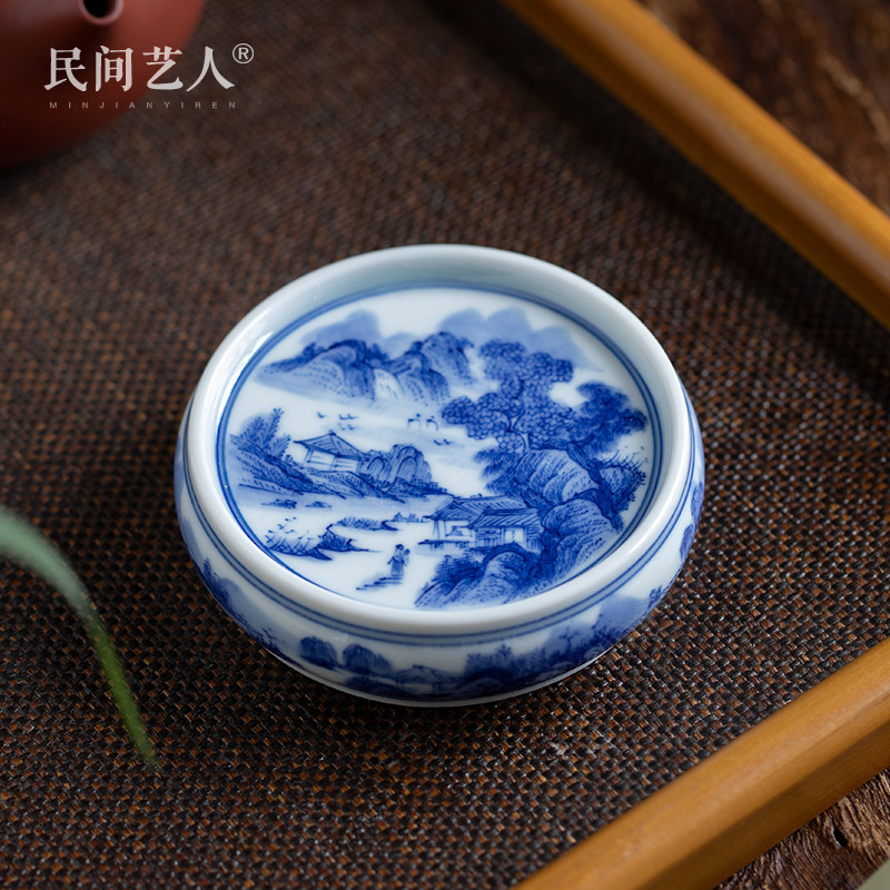 民间艺人纯手工青花盖置手绘鱼山水壶承茶盖盖托陶瓷盖至茶壶盖承