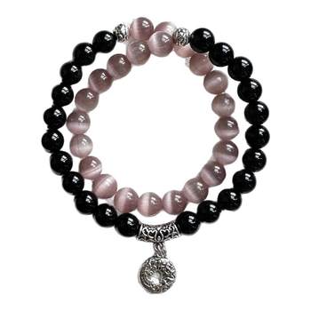 {Mo Yan} New Chinese style natural obsidian cat's eye transport beads energy beaded double circle bracelet