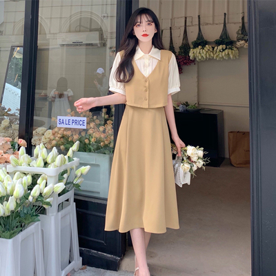 taobao agent Design set, long summer dress, plus size, french style, with short sleeve, mid-length