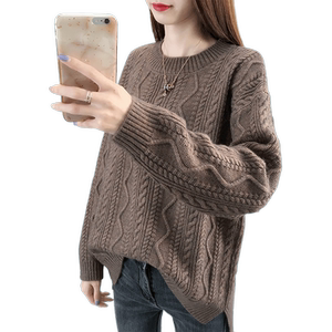 
2026 Autumn and Winter Brown Twist Pattern Round Neck Thick Sweater Women's Loose Warm Knitted Sweater Fashionable Top