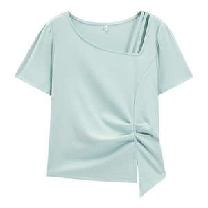 
IEF/Aiyifu [slightly fat] large size women's T-shirt 2026 summer new style pleated pure desire waist small top