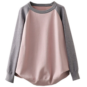 Early autumn large size 200*0.5kg American contrasting sweater, rotten sleeves, thin, loose, fat mm round neck cover,
