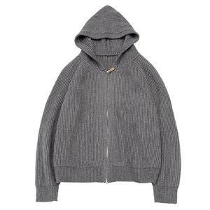 KNGS autumn and winter retro simple solid color loose zipper hoodes connecting cardigan knitted sweater outer jacket female top
