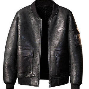 
HANMIIS baseball collar A2 sheep fur all-in-one jacket retro genuine leather bomber jacket men's fur