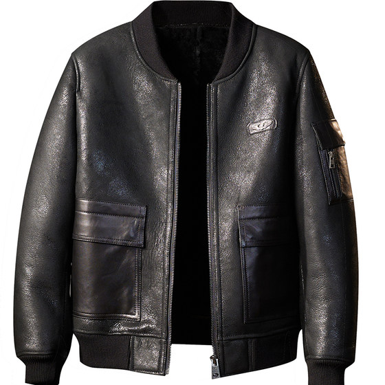 
HANMIIS baseball collar A2 sheep fur all-in-one jacket retro genuine leather bomber jacket men's fur