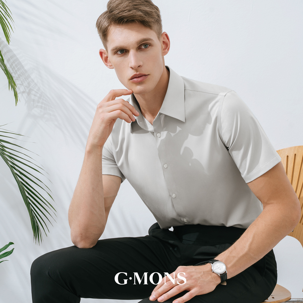 吉约蒙短袖衬衫男士灰色商务夏季薄款高级感修身职业正装衬衣男