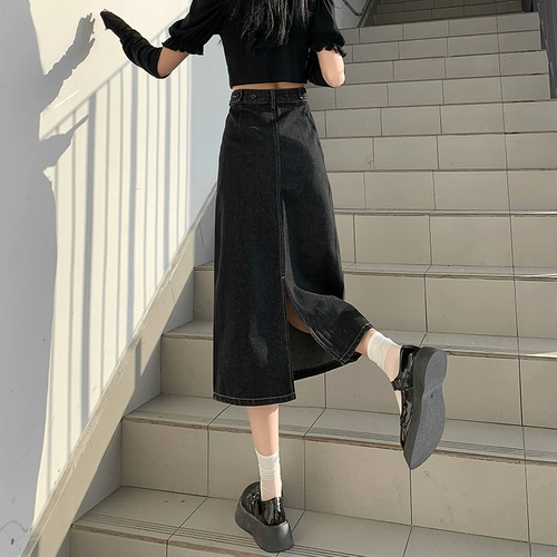 Черная цветная длинная джинсовая юбка, высокая талия, большой размер, средней длины, А-силуэт