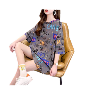
2026 new summer large size t-shirt women's short-sleeved plus size women's slimming mid-length loose Korean printed top