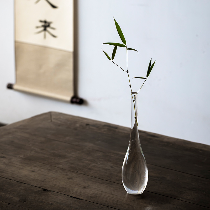 自然家手工复古中式禅意简约玻璃花瓶插花透明观音瓶桌面家居花器