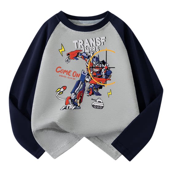 Fashion brand boy contrasting color ragdoll sleeves long sleeve T-shirt pure cotton spring and autumn clothes children's cartoon printed base handsome top
