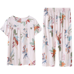 Mom pajamas Female summer cotton and silk set Middle -aged and old silk large size thin loose artificial cotton short sleeve two -piece suit