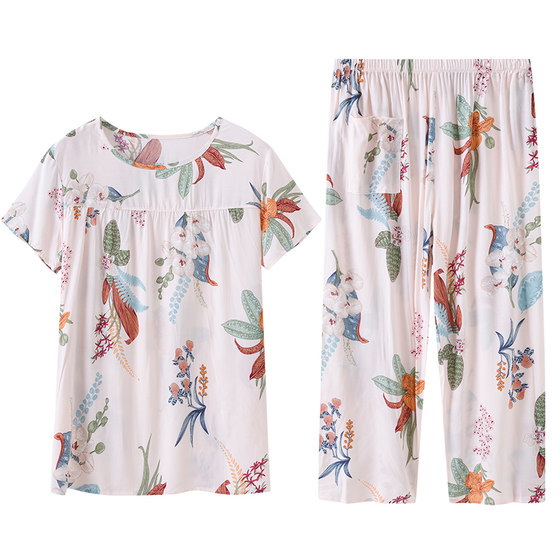 Mom pajamas Female summer cotton and silk set Middle -aged and old silk large size thin loose artificial cotton short sleeve two -piece suit