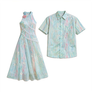 
Niche design couple's clothing summer 2026 Korean style short-sleeved shirts for men and women French style one skirt and one trendy dress