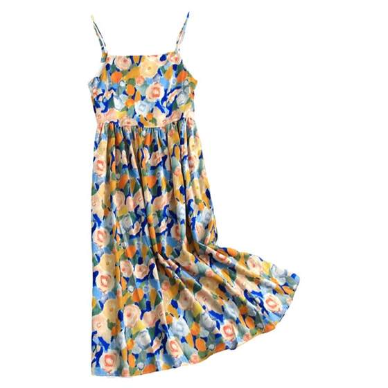 
Colorful oil painting pattern printed high waist slim fit sweet vacation style sleeveless suspender skirt women's dress A302