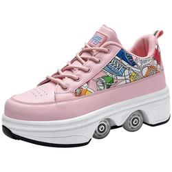 Deformed Shoes Heelys Four-wheeled Walking Shoes For Men And Women Adult Explosive Walking Students Double Row Pulleys Flying Shoelace Wheel Shoes