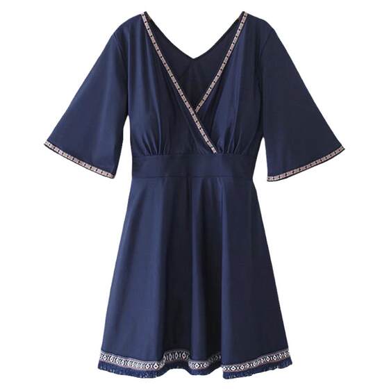 
Large size swimsuit for women fat mm200*0.5kg for covering flesh and stomach national style tassel dress style short-sleeved hot spring swimsuit