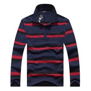 Middle -aged and elderly spring and autumn thin cotton cotton T -shirt Korean version of black and white striped long -sleeved male lapel Polo bottom shirt trend season
