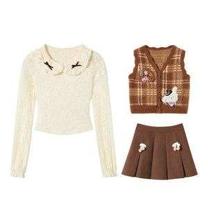 
Fabric Pig Caramel Waffle Maillard Outfit Suit Women's Autumn and Winter Layered Sweater Jacket Doll Collar Bottoming Shirt