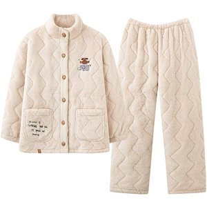 Princess Mark couple's coral velvet quilted extra-thick pajamas for women that can be worn outside in winter, three-layer men's cotton-padded jackets and home clothes