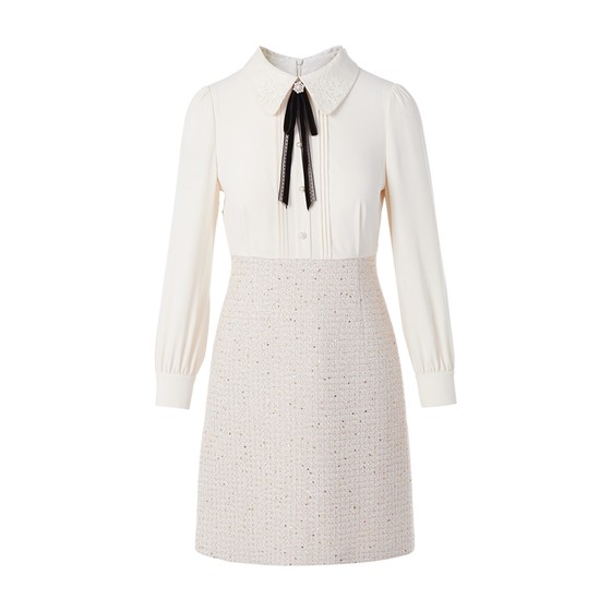 
Langzi Group LIME Rhine Wool Tweed Texture High Waist Shirt Dress Champagne Beige French 25 New Winter