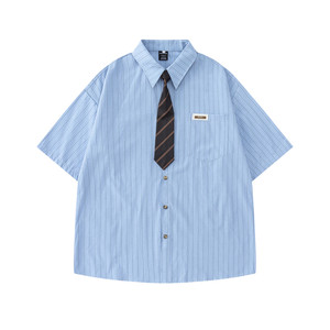 
HTTAOSUP Japanese retro colorful striped tie short-sleeved shirts for men and women summer fashion brand loose and versatile shirts