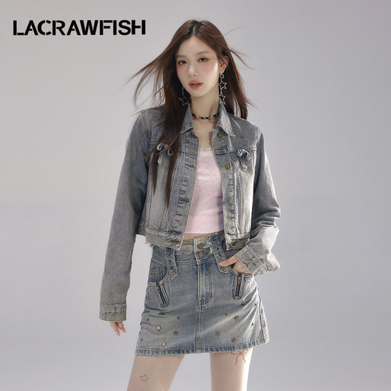 LA CRAWFISH复古蓝色翻领蝴蝶结少女短款牛仔外套修身夹克上衣